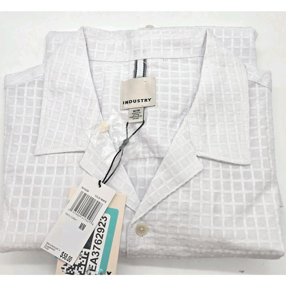 INDUSTRY Brand White Textured Checkered Short Sleeve Button Down Cotton MED NEW!